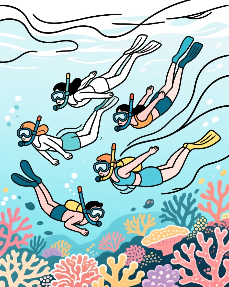A group of friends snorkeling above a vibrant coral reef on vacation.