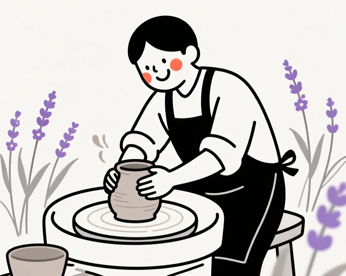 A potter shaping clay on a wheel, beaming with pride, in a lavender field.