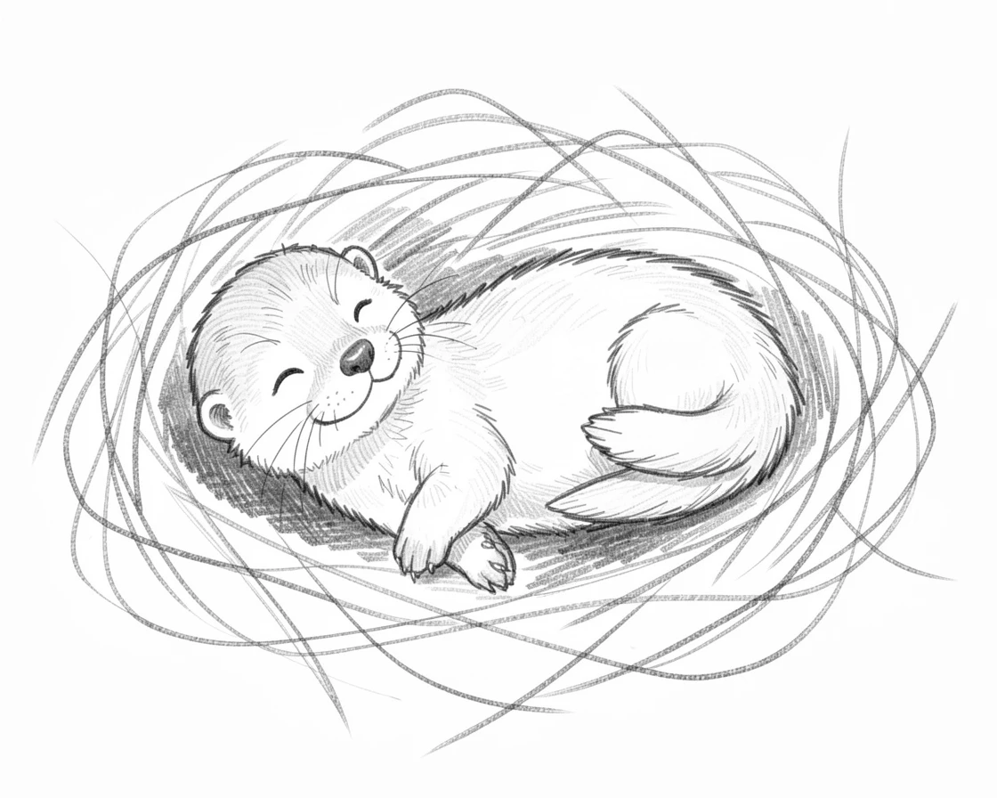 An irresistibly cute scene of a baby otter floating on its back in a nest of soft hay, looking impossibly soft and content.