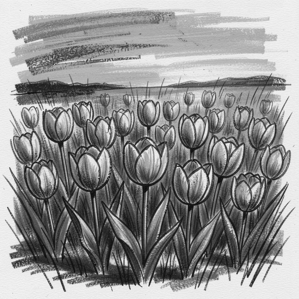 A spring meadow bursting with blooming tulips, beneath a sky streaked with sunset colors.