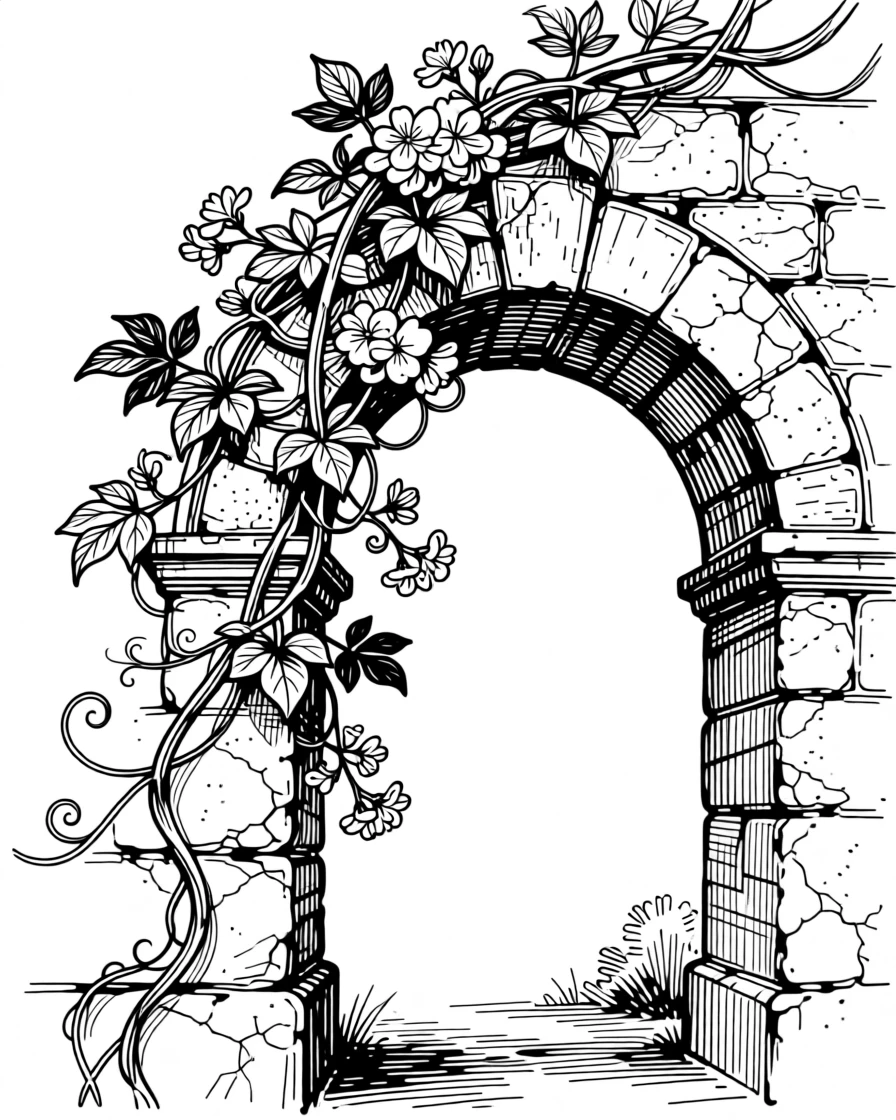 A blooming vine climbing gracefully up an old stone archway.