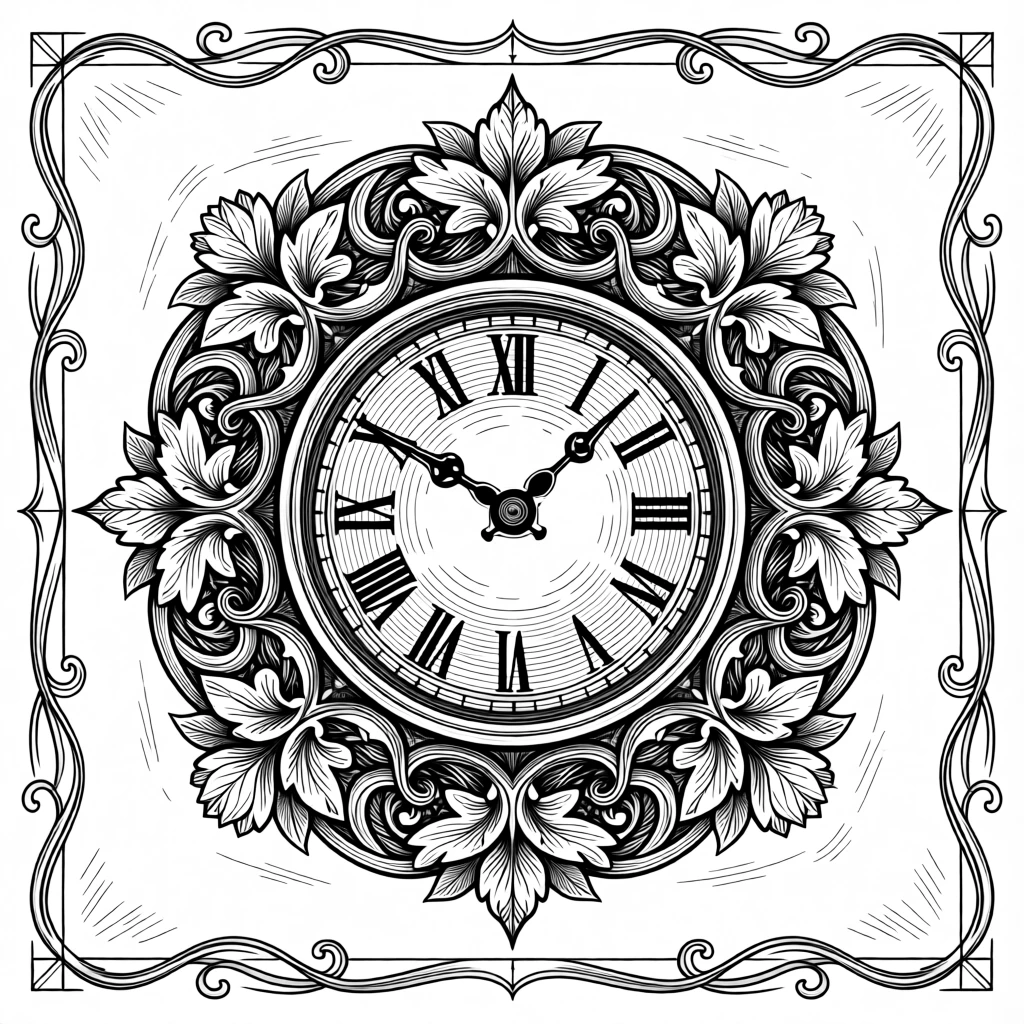 An ornamental clock face surrounded by floral filigree framed by a delicate decorative border, with layered textures adding depth to the design, forming a quietly mesmerizing decorative composition.