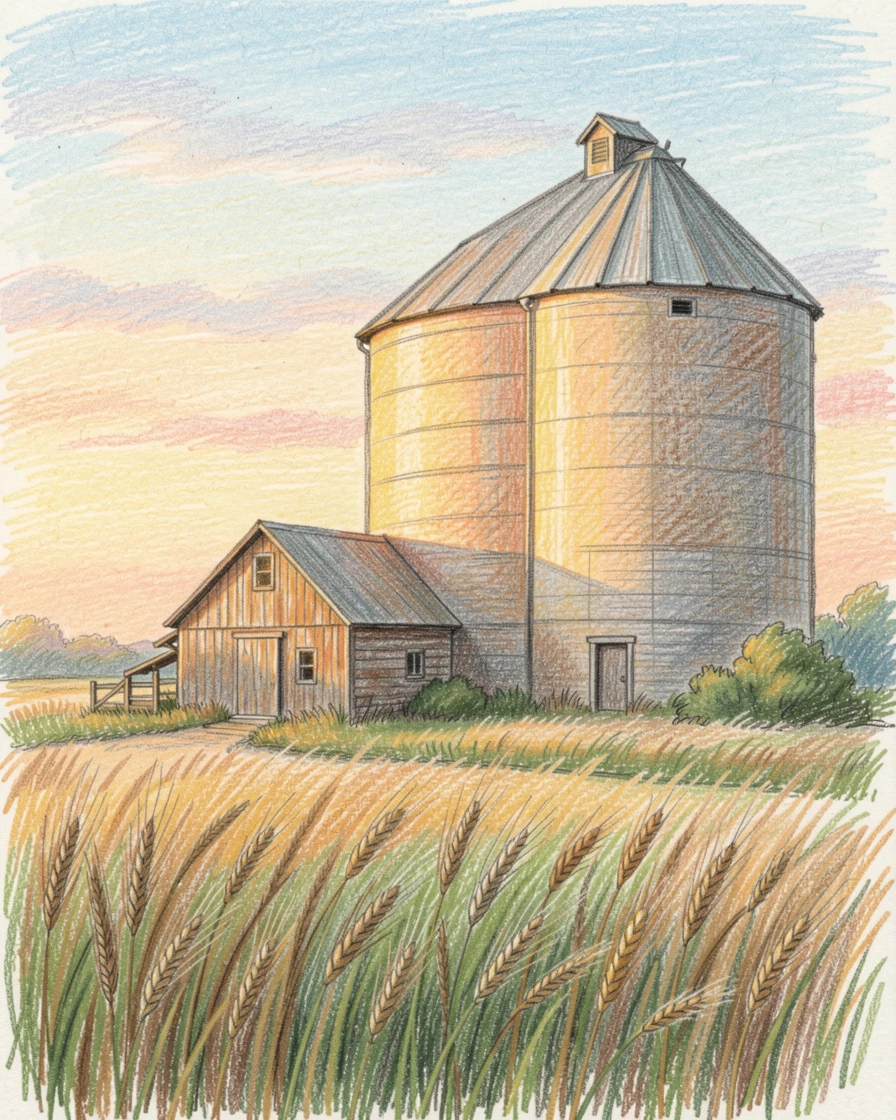 A rural grain silo glowing amber in the last light of day, with rich, inviting textures throughout the scene, evoking nostalgia and a deep sense of contentment.
