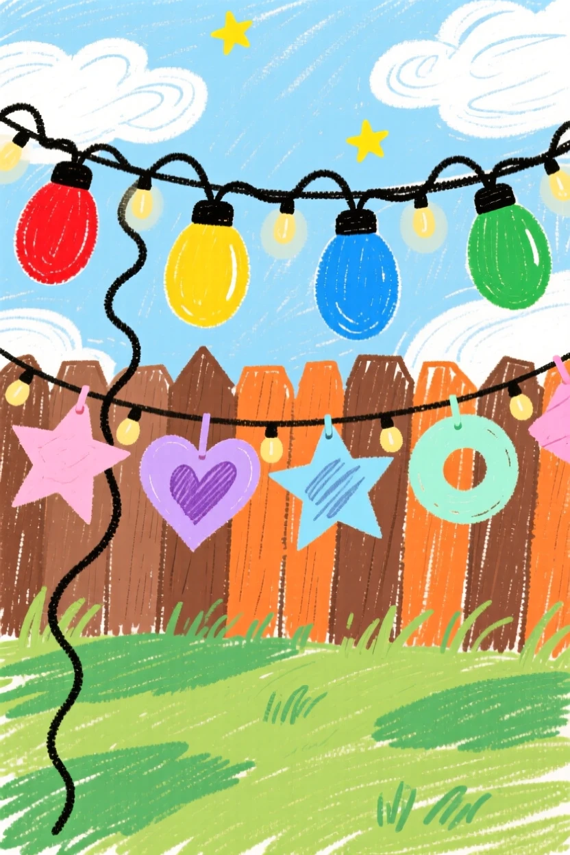 String lights and paper decorations strung across a festive backyard.