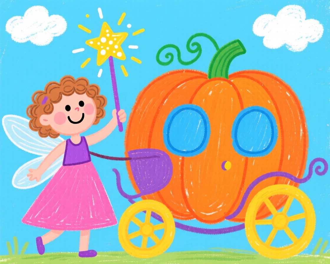A fairy godmother waving a sparkling wand over a pumpkin carriage.