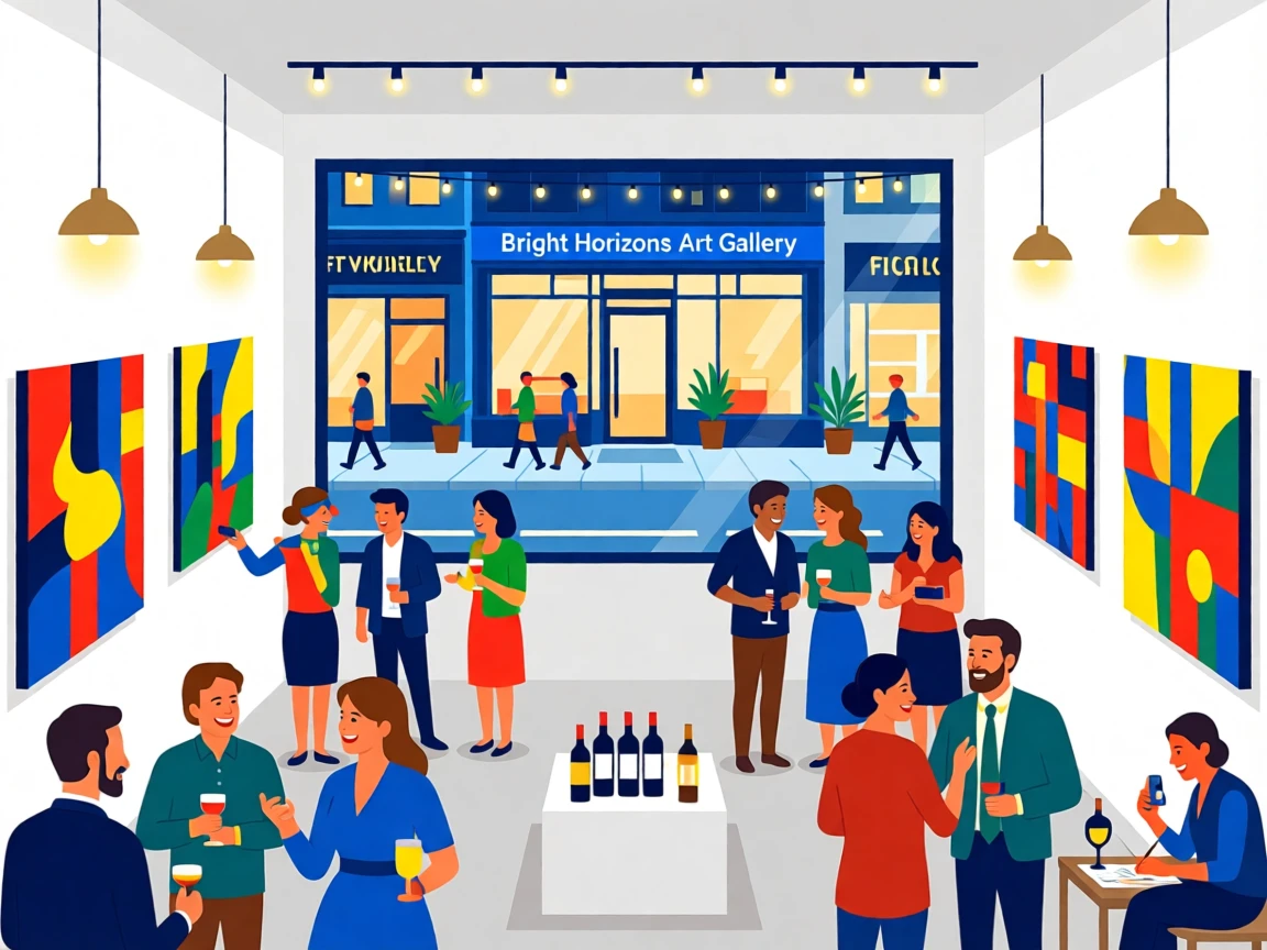 A vibrant art gallery opening with colorful paintings on display, set within a vibrant, trendy urban neighborhood, framed with a cozy, inviting close perspective, with a sense of community and connection in every detail.