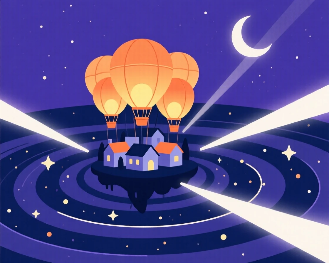 A lantern-lit hot air balloon village floating above a galaxy swirling overhead, surrounded by gentle beams of moonlight, radiating boundless wonder.