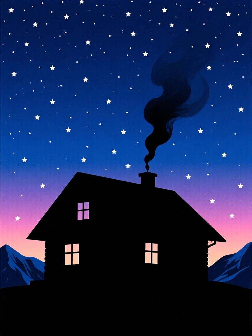 A quiet mountain lodge with smoke rising from its chimney into a starry sky.