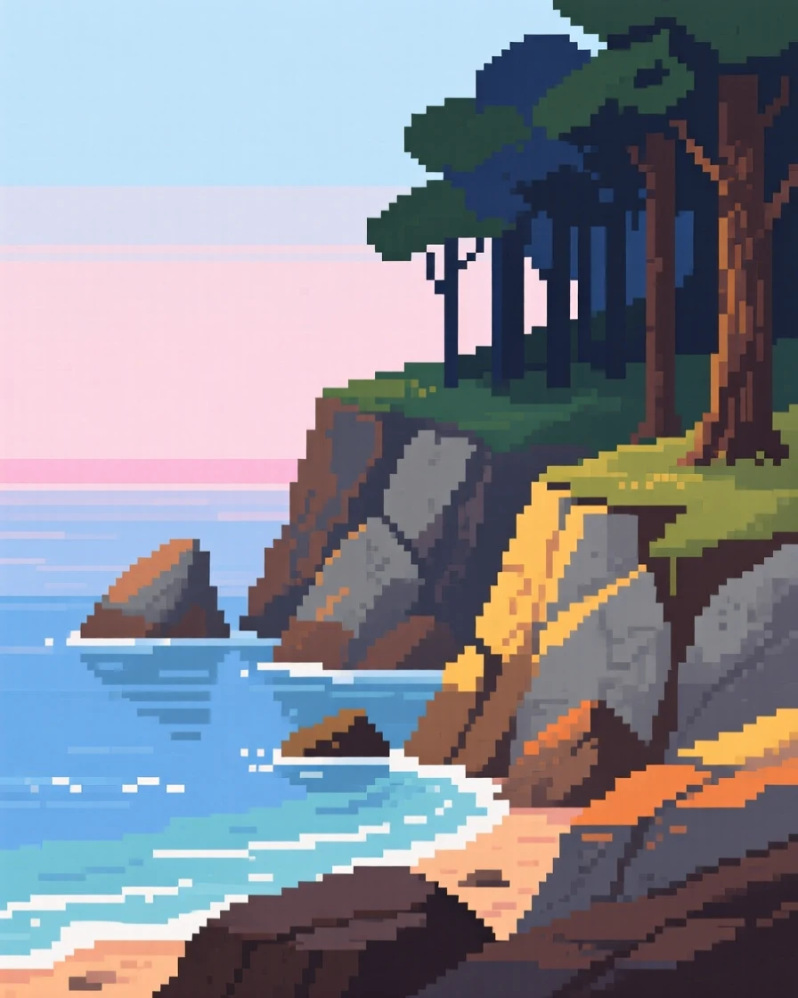 A rocky coastline bathed in the soft light of early morning, at the edge of an ancient, quiet forest.