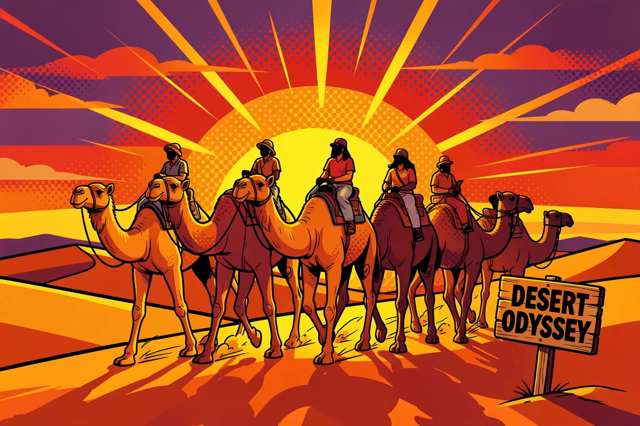 A camel caravan crossing late-day desert dunes at sunset