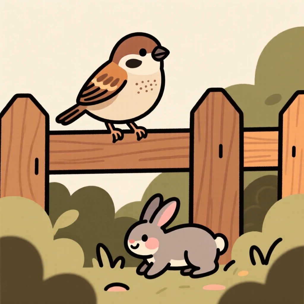 A sparrow perches on a garden fence, singing softly while a rabbit moves quietly through the underbrush below.