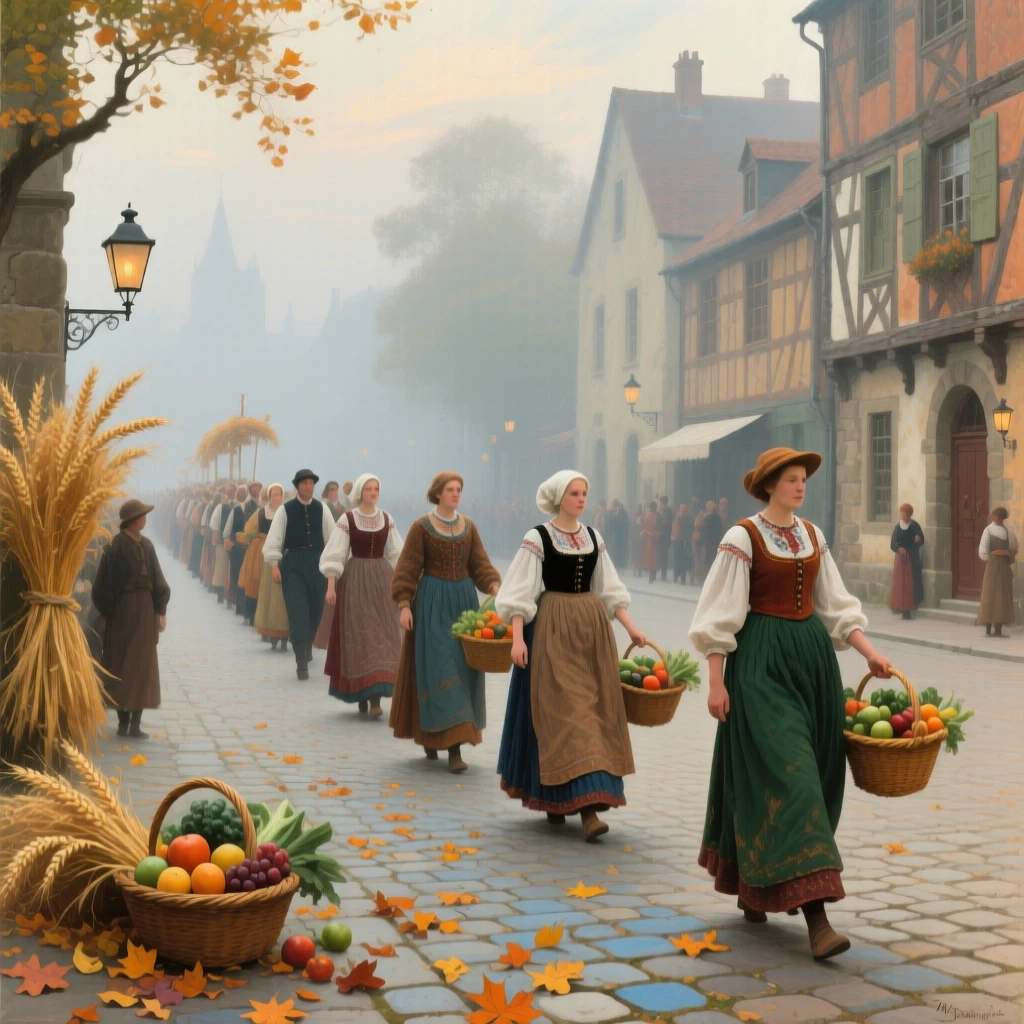 A centered composition of a costumed parade winding through a historic town square, during the summer harvest, in thick fog.