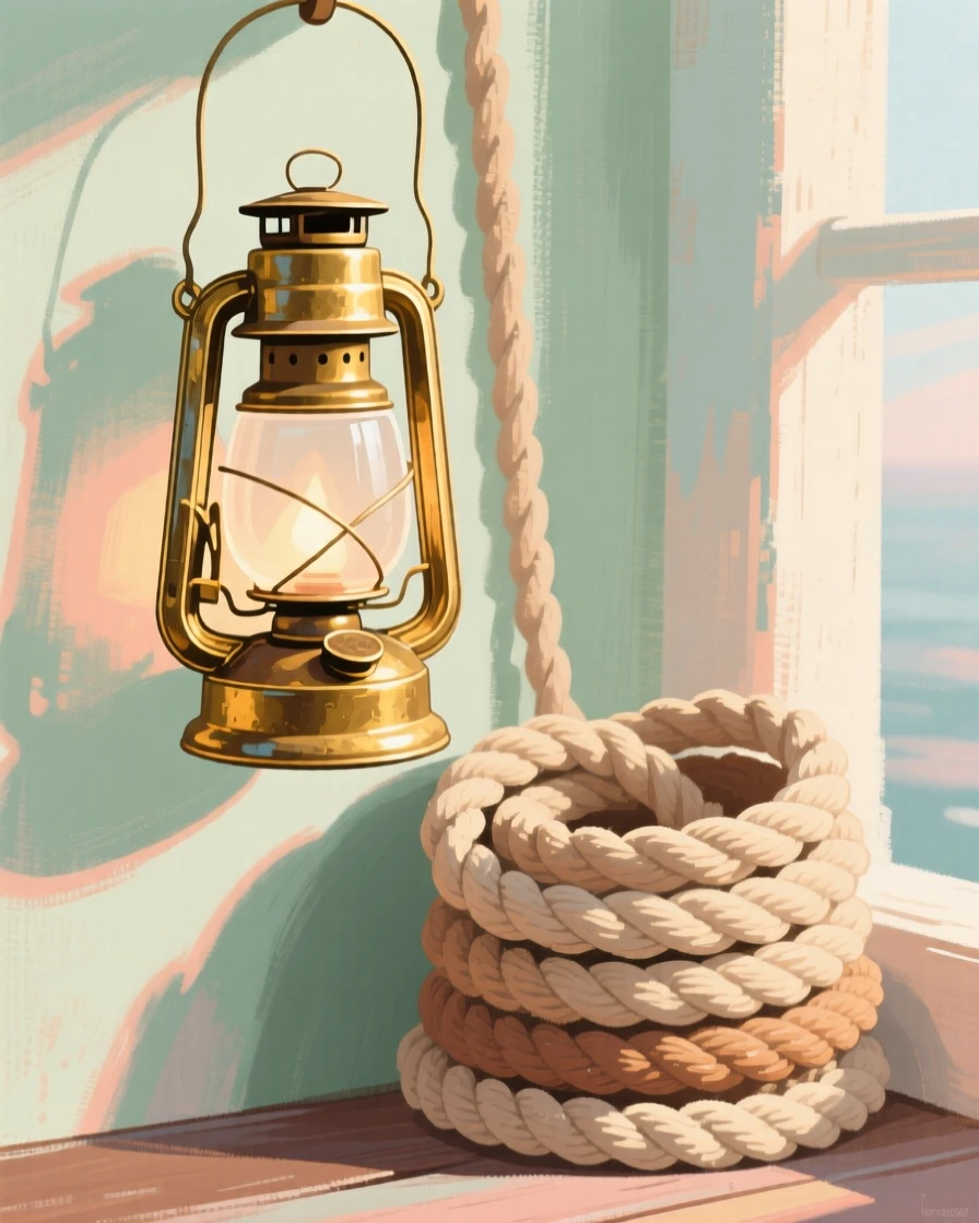 An old brass lantern hanging beside a stack of nautical rope
