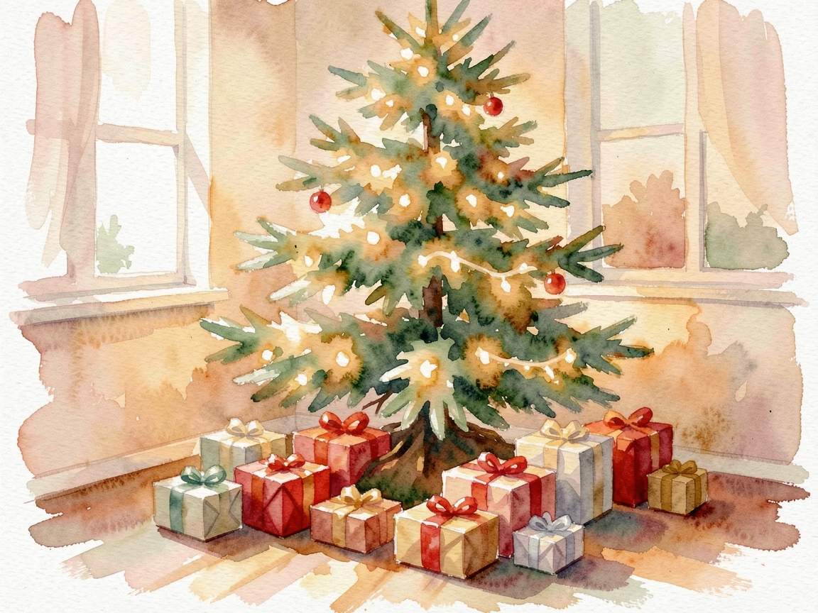 A Christmas morning scene with gifts under a glowing tree.