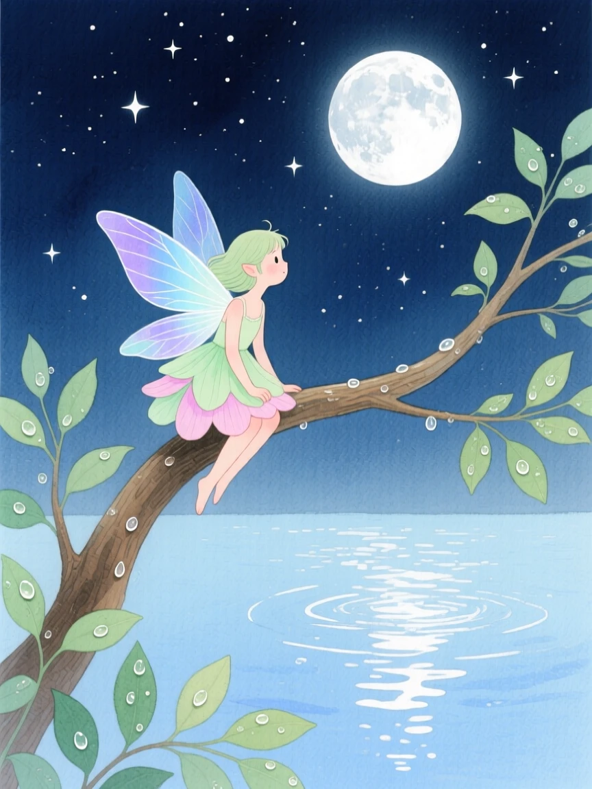 A tiny forest fairy perches on a moonlit branch in a starlit lakeshore, while dew glistens on every leaf