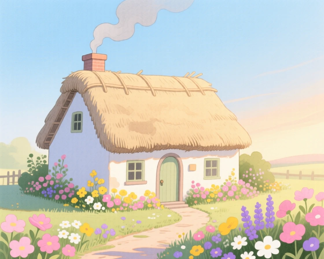 A thatched-roof cottage with a smoking chimney, framed by blooming flowers and soft afternoon light.