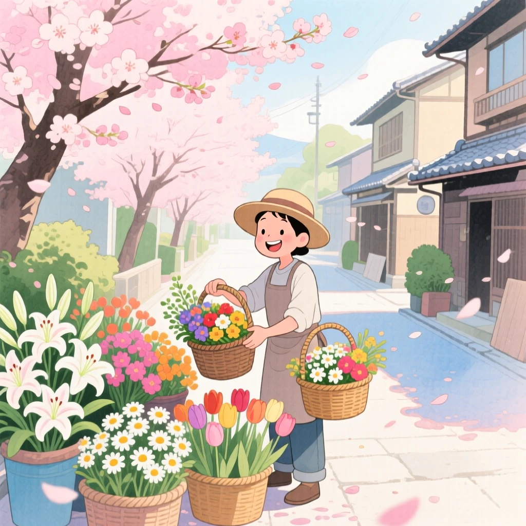 A local vendor arranges baskets of fresh flowers amid a cherry blossom-lined street in Kyoto, inspiring a dream of far-off horizons.
