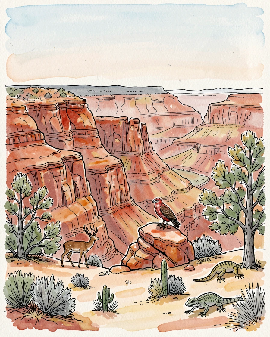 A canyon rim overlooking layers of red and orange sandstone, wildlife moving quietly at the edges of the scene.