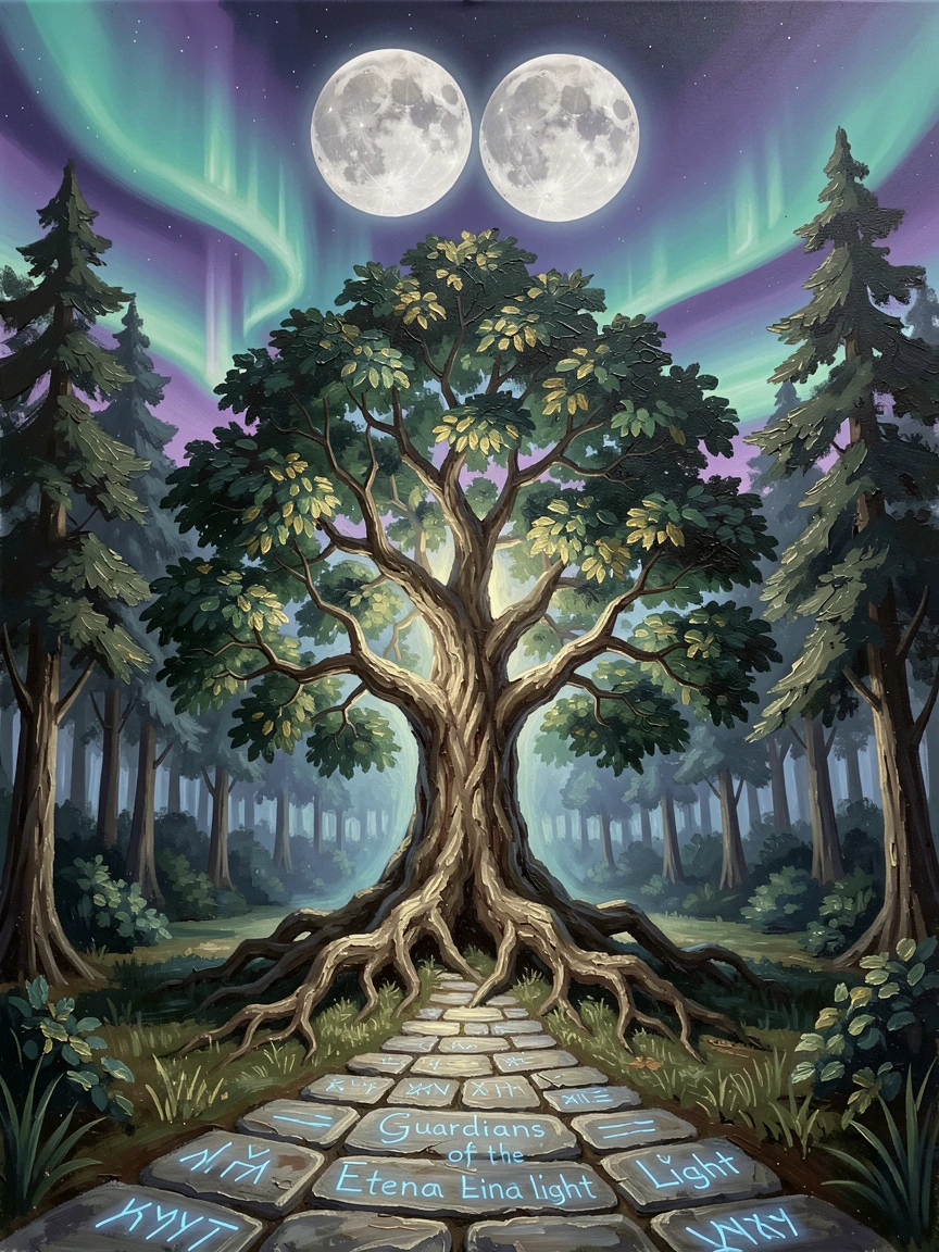A glowing, ancient tree at the heart of an enchanted forest, beneath a sky filled with twin moons, ancient runes glowing faintly along stone pathways, under a sky streaked with shifting auroras.