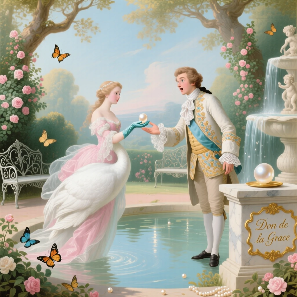 A swan maiden offering a pearl to a surprised young prince  