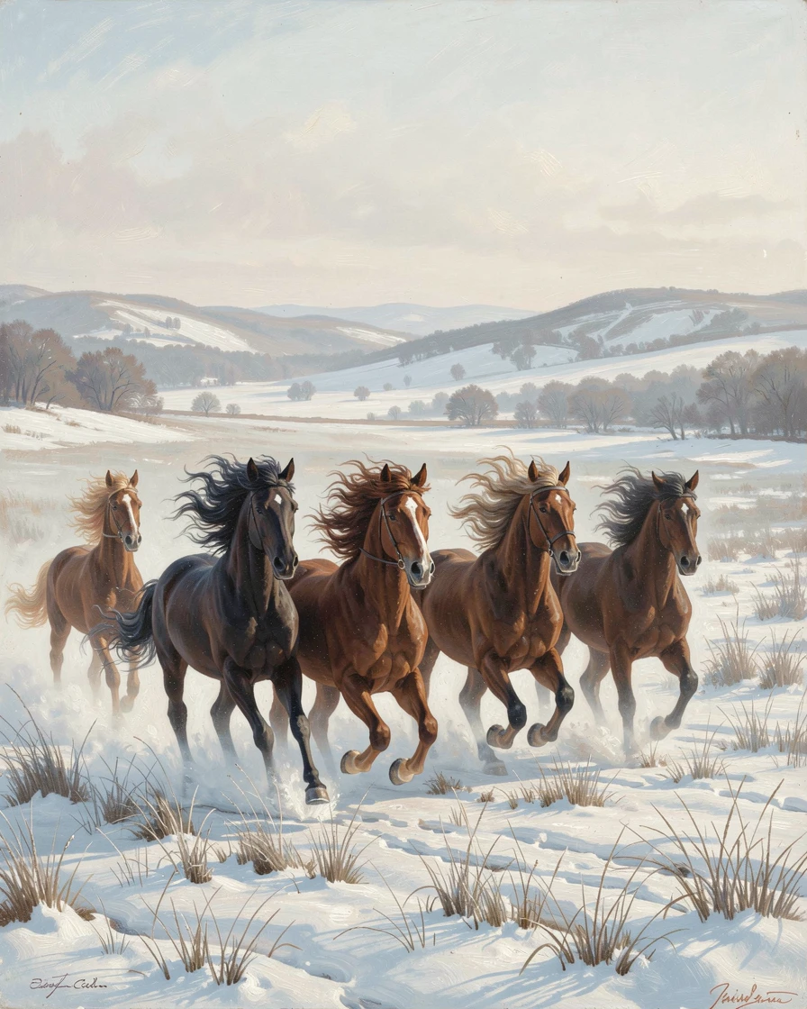 A team of horses races freely across a snow-dusted paddock in winter while morning mist clings to the grass.