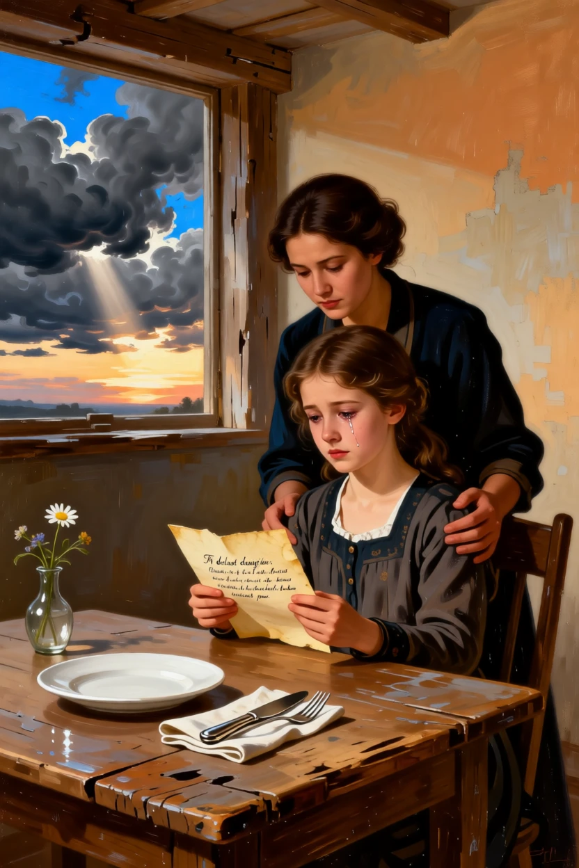 A daughter reading a final letter from her departed father as tears and gratitude mix in equal measure, set at a rustic kitchen table set for an unexpected guest, with storm clouds parting just behind the embracing figures; the composition uses negative space to emphasize the distance just closed, radiating hope restored after long hardship.