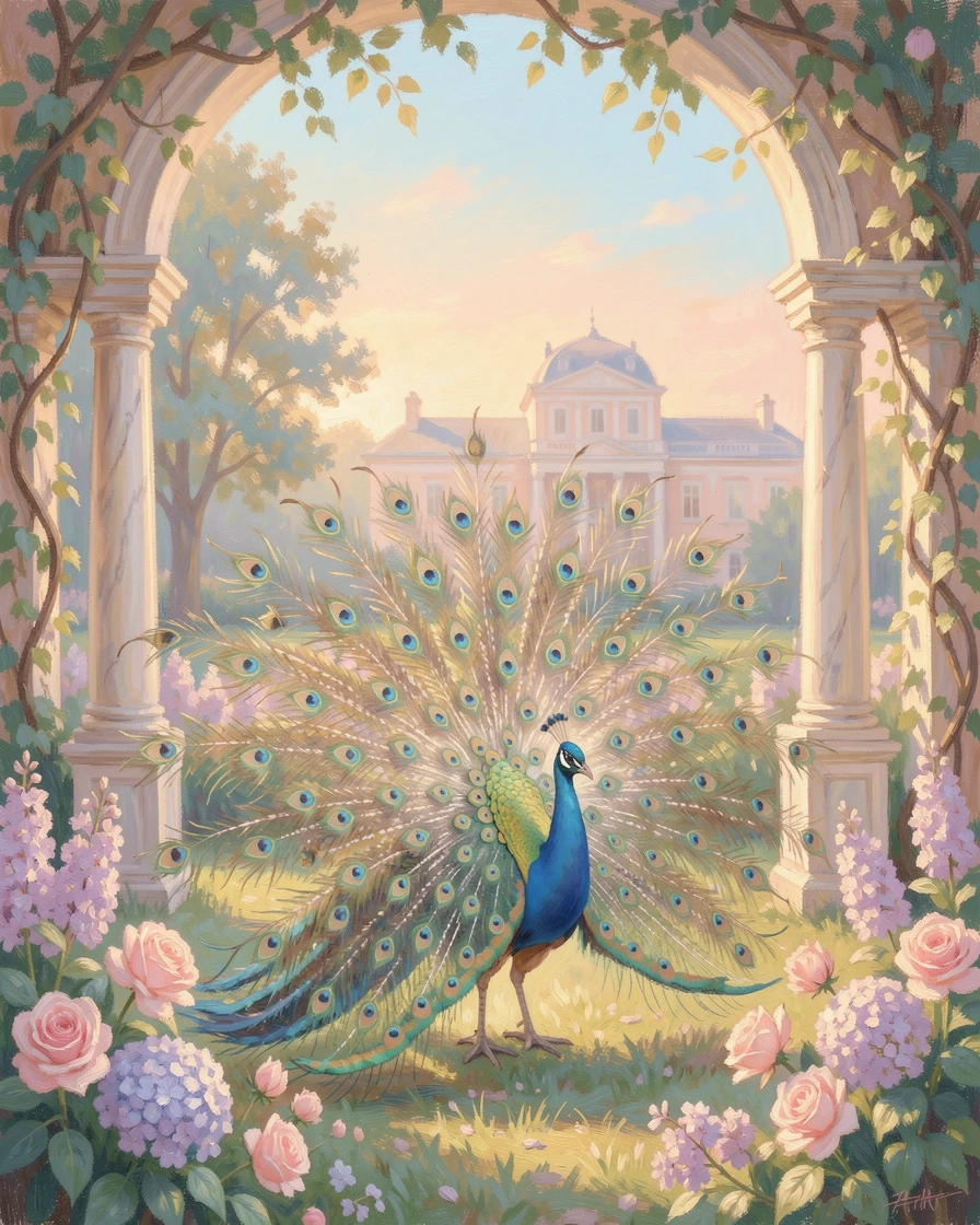 A peacock displaying its iridescent tail feathers in a sunlit palace garden, as the first light of dawn breaks, capturing a fleeting moment of pure happiness.