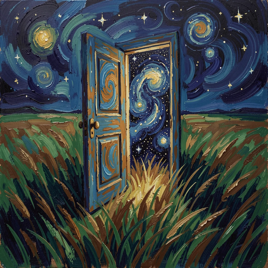 A door standing open in an empty field, revealing a glimpse of a starry night beyond.