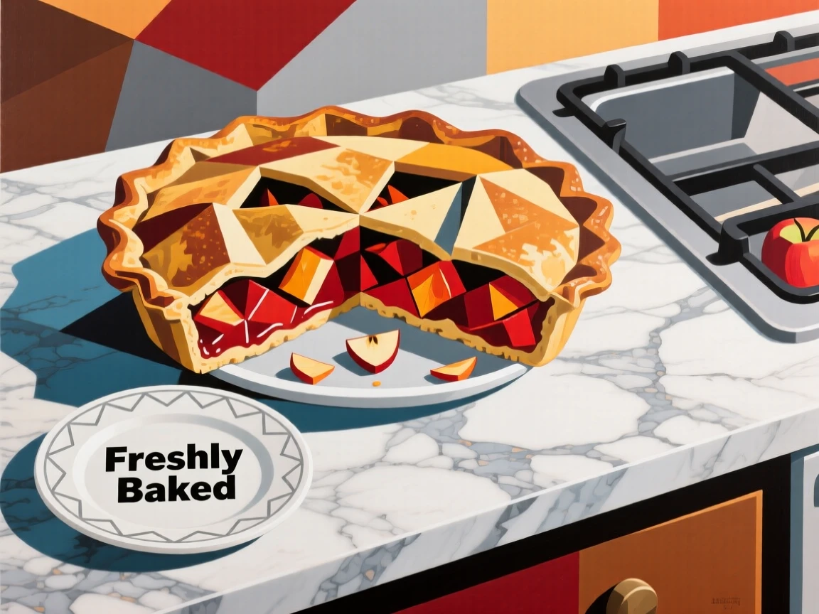 A mouthwatering image of a rustic apple pie fresh from the oven arranged beautifully on a marble countertop.