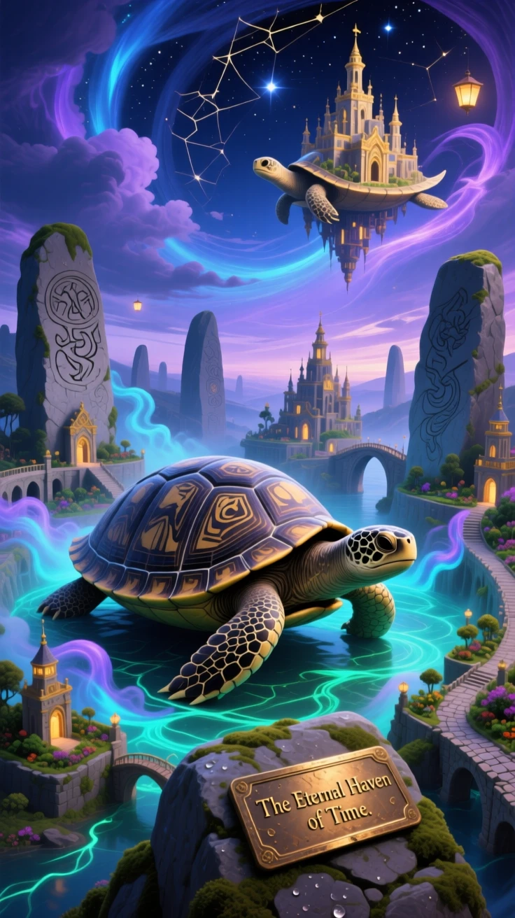 A colossal turtle carrying an entire kingdom upon its ancient shell stands motionless at the center of an ancient stone circle, while wisps of light curl gently around its form.