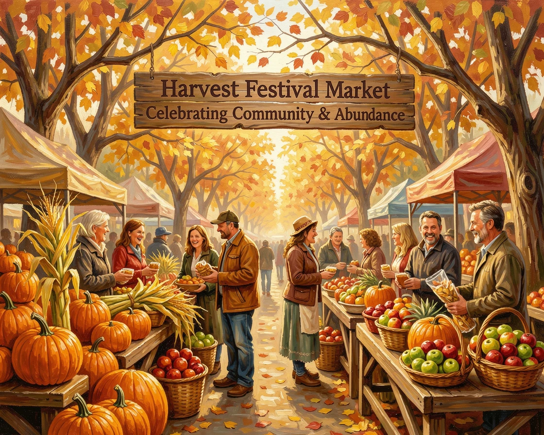 A bountiful harvest festival scene shows a farmer's market overflowing with pumpkins, corn stalks, and apple baskets beneath golden autumn trees, warm ambient light illuminating faces filled with joy and communal spirit.