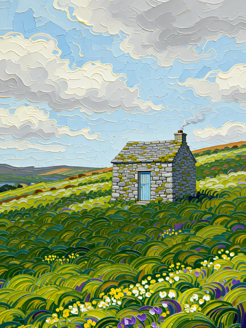 A shepherd's stone hut standing alone on a green Irish hillside beneath drifting clouds