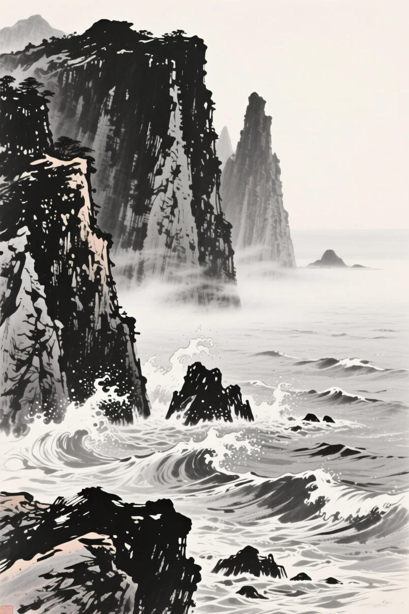 Waves crash against a rugged coastline beneath towering sea cliffs, as mist drifts slowly across the water's surface.