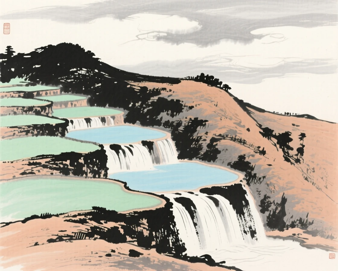 A series of terraced pools cascading down a hillside, beneath low hanging clouds.
