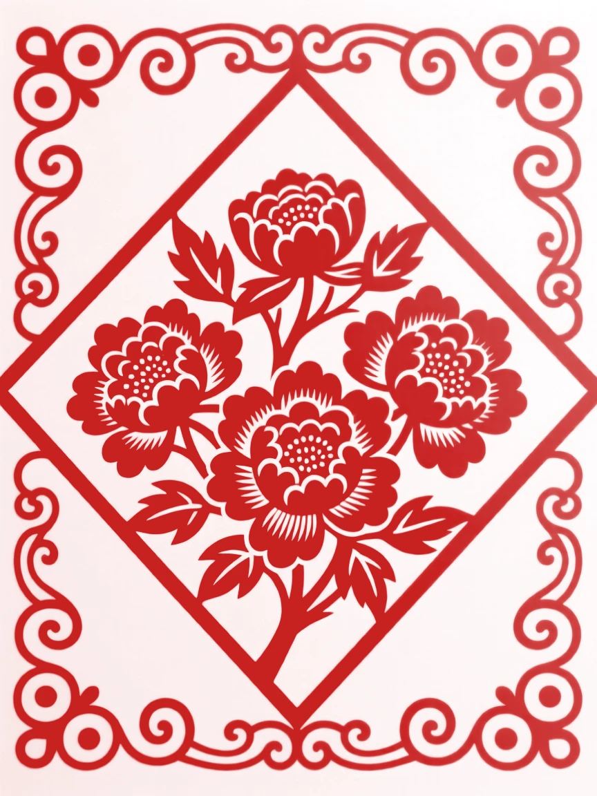 A design of a diamond-shaped panel featuring interlocking peony blossoms, framed by delicate scrollwork on every edge.