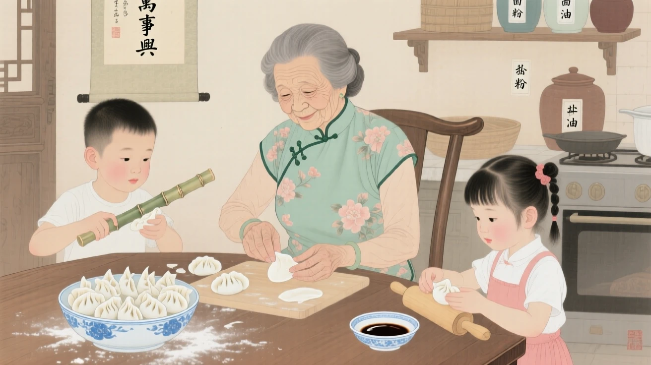 A grandmother teaching her grandchildren to make dumplings in the kitchen
