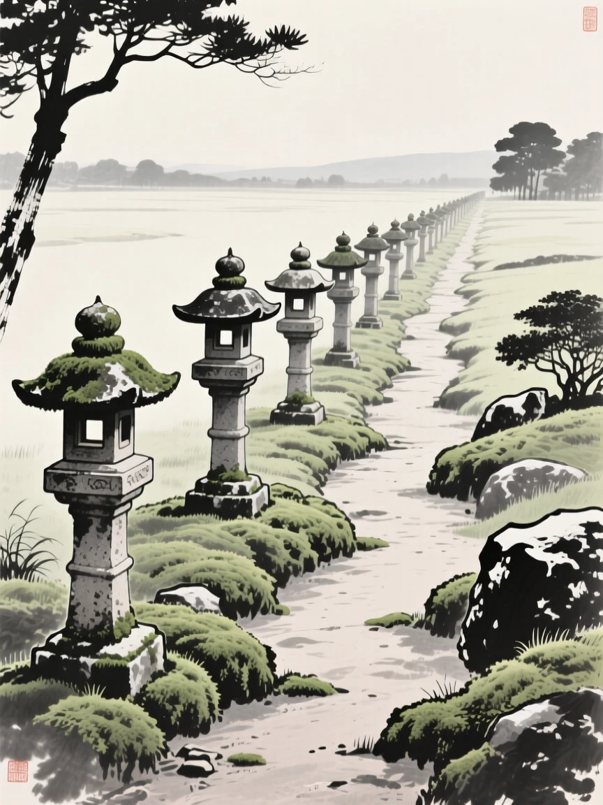 A row of stone lanterns lining a moss-covered garden path, captured from a distance, small against a vast landscape, evoking centuries of quiet history and devotion.
