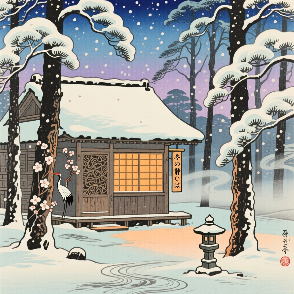 A warm glow spilling from a lone window in a snowy forest, surrounded by carved wooden pillars.