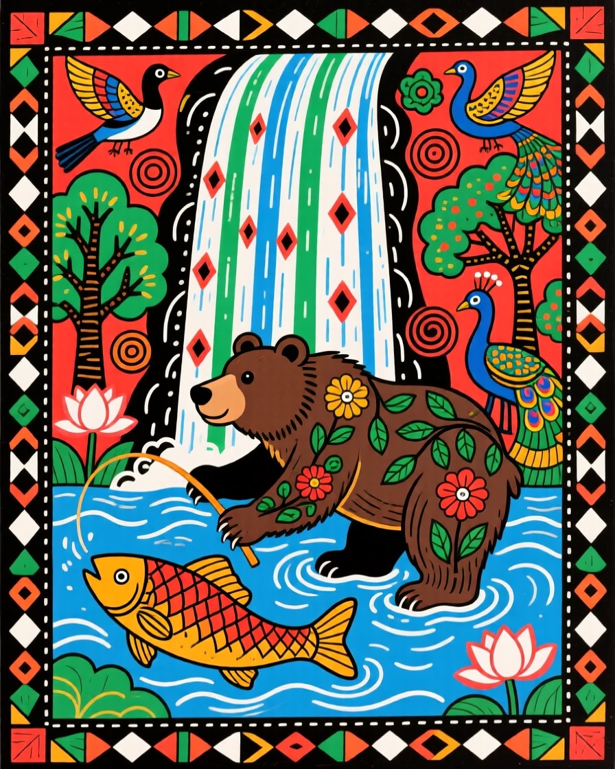 A grizzly bear fishing for salmon beneath a roaring waterfall.