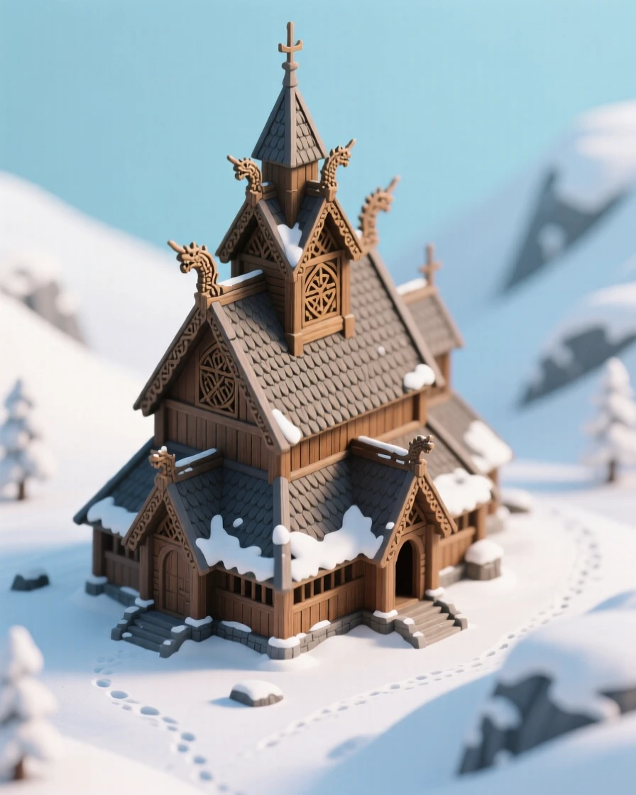 A medieval Norwegian stave church nestled in a snowy valley, carved dragon heads adorning its steeply pitched roof.