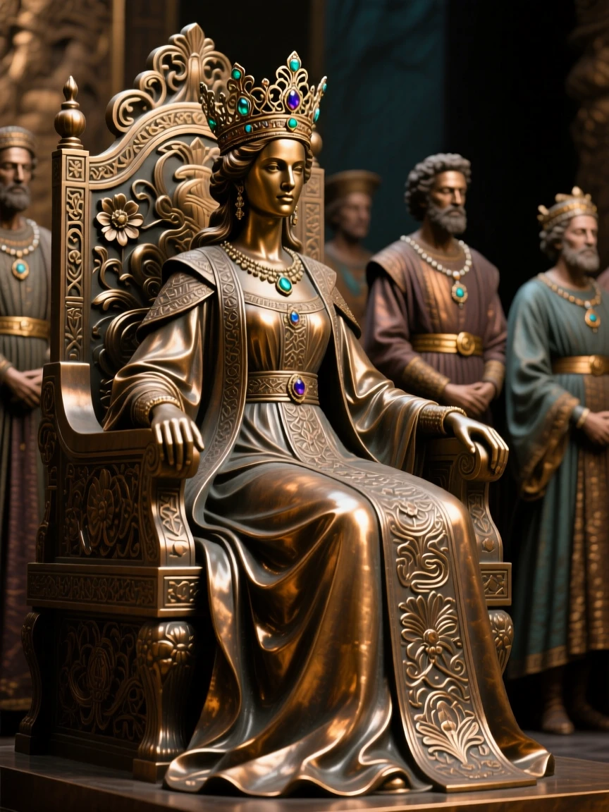 An ancient queen presiding over her royal court, with rich period detail and grandeur, evoking legend and timeless drama