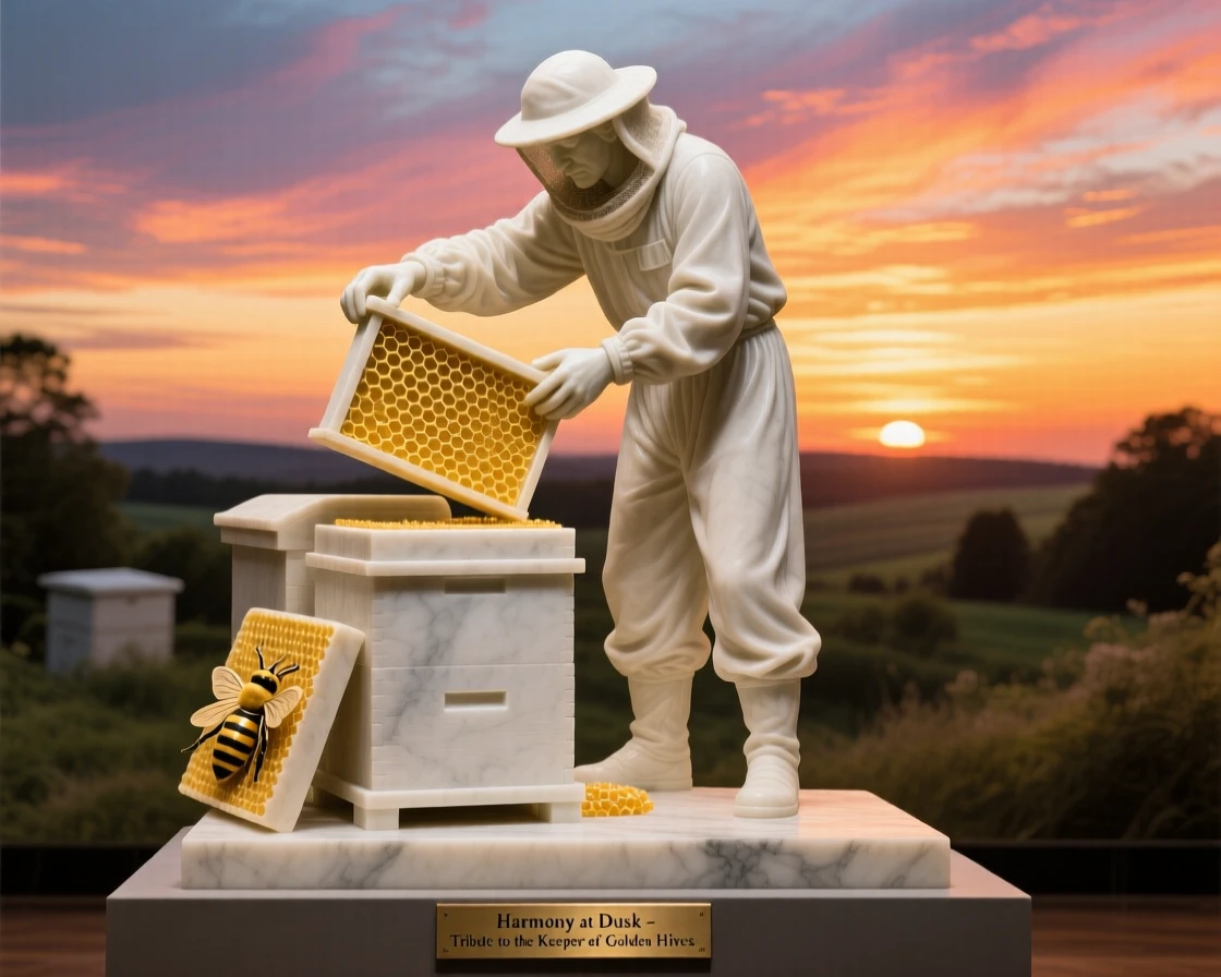 An evocative depiction of a beekeeper tending golden hives at sunset, under a brilliant, colorful sky, balancing detail with emotional depth