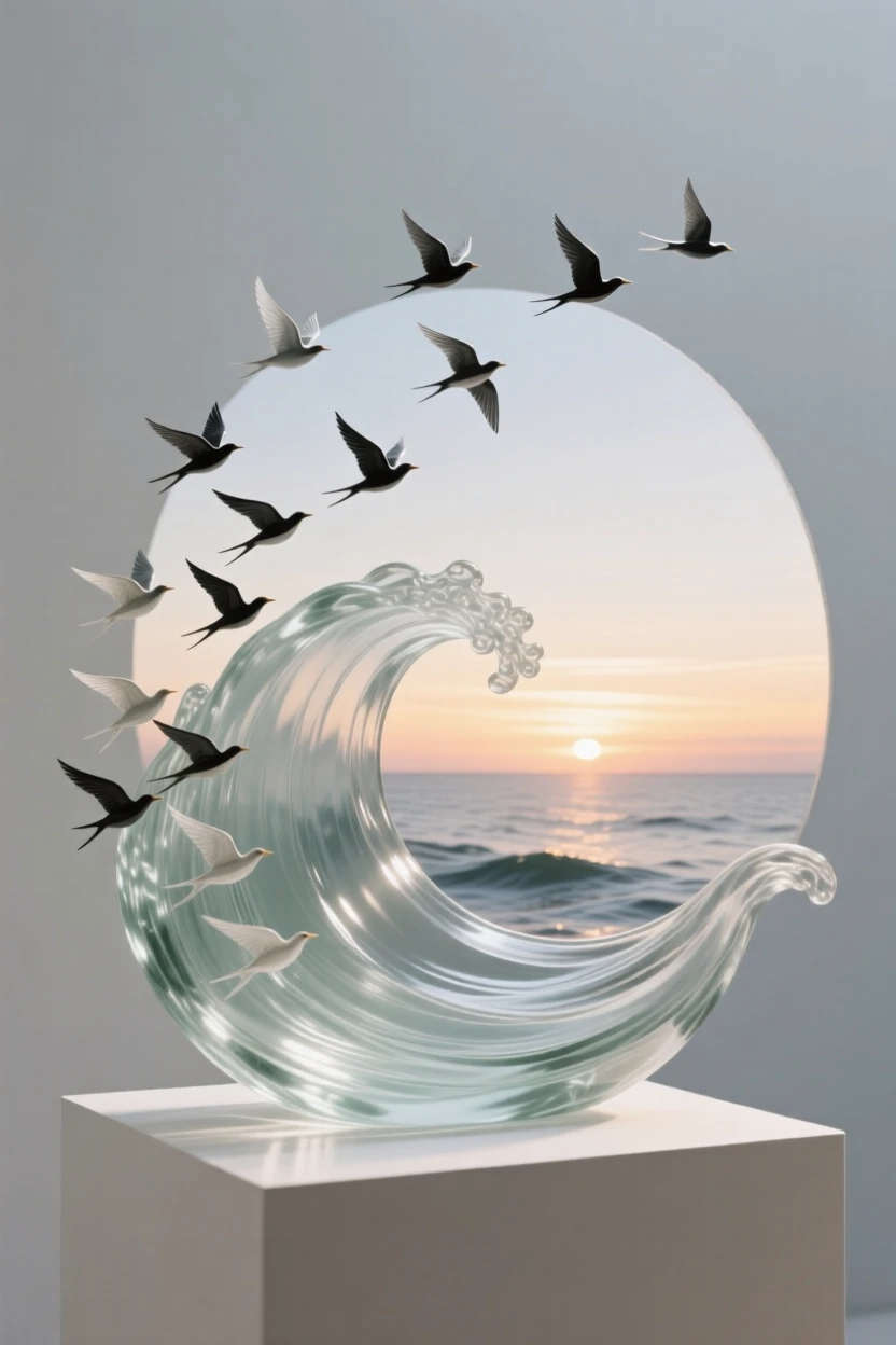 A wave transforming gradually into a flock of rising birds beneath a horizon glowing with the first light of dawn