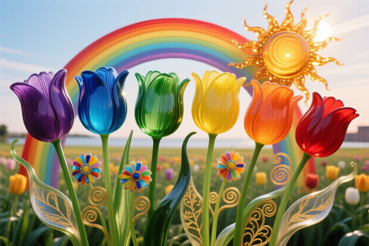 A field of blooming tulips arranged like the most vivid rainbow beneath a rising midsummer sun, cheerful and vivid.