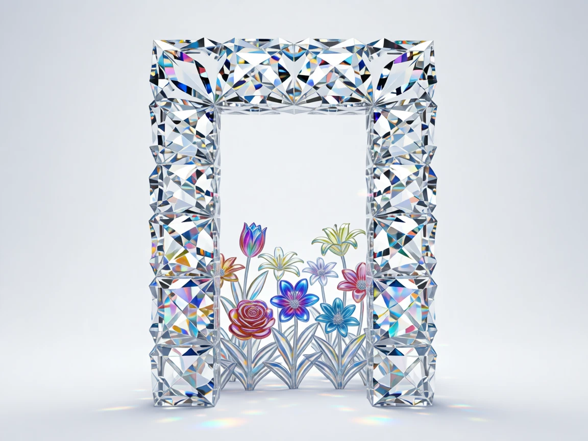 A surreal doorway of stardust opening onto a field of blooming flowers.