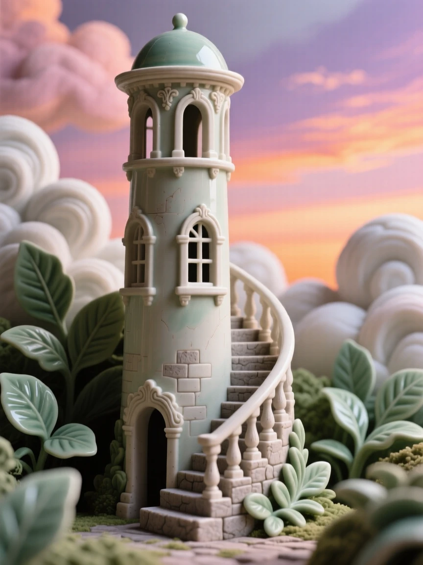 A spiral staircase tower rising toward the clouds nestled peacefully amid lush greenery, its silhouette sharp against a colorful sky, capturing the romance of a bygone era.