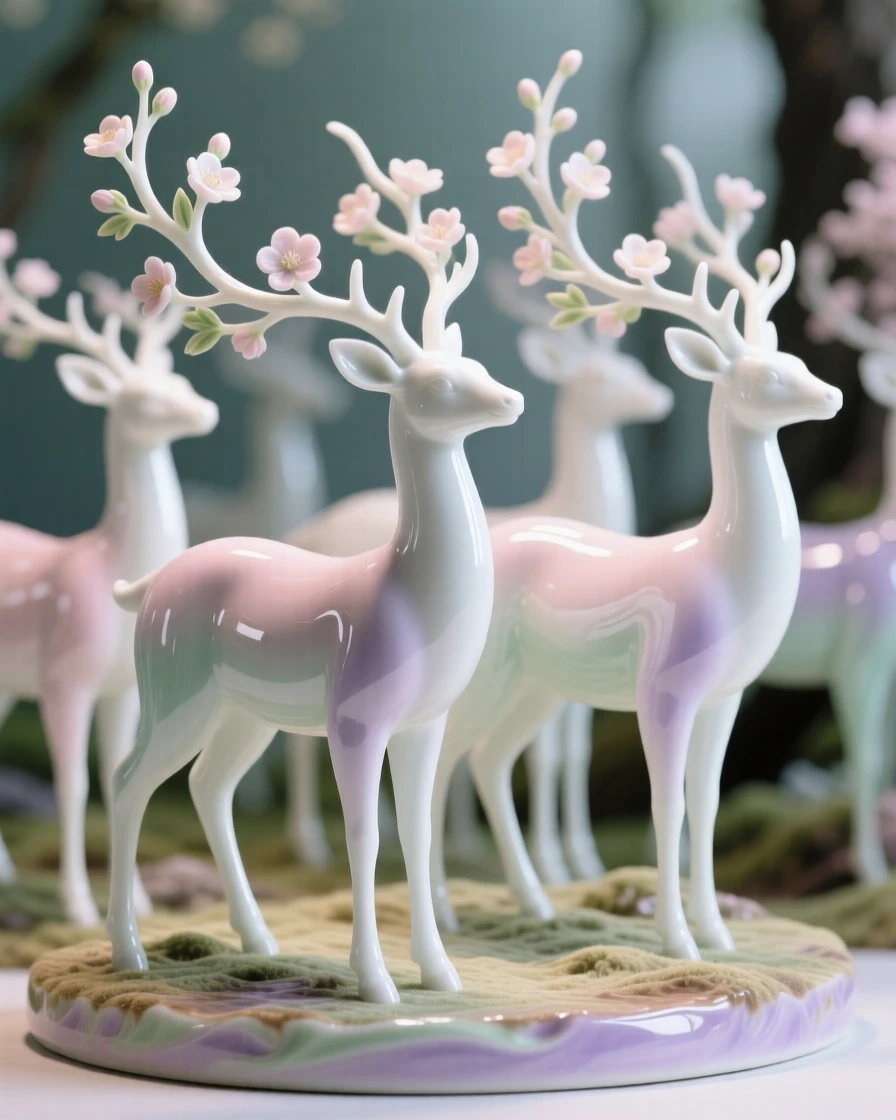 A dreamlike scene of a herd of deer with antlers made of blooming branches, rendered with soft, dreamlike light.