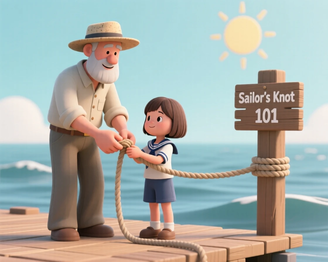 A gentle old sea captain teaches his granddaughter to tie a proper sailor's knot on a sunny dock.