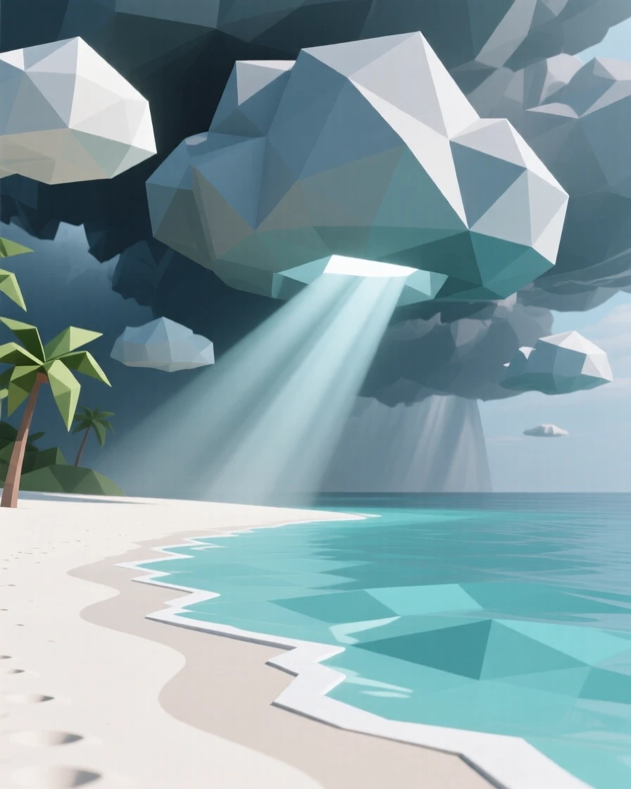 A tropical beach with turquoise water and white sand, under swirling storm clouds. soft light rays break through scattered clouds. The atmosphere is dramatic and powerful.