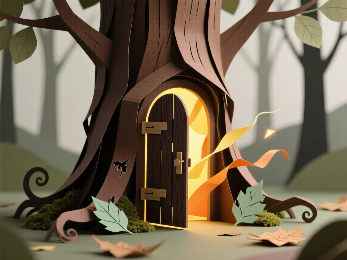 A hidden door glowing at the base of a tree illuminated by warm golden light, with gentle motion suggesting quiet magic, capturing quiet, enchanting mystery.